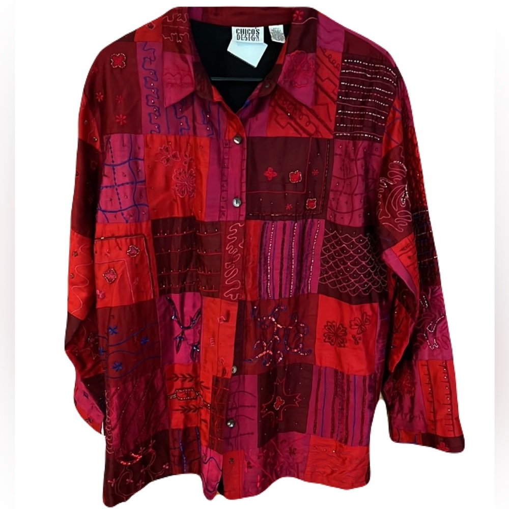 Chico’s Design 100% Silk, Patchwork, Embroidery, Beaded Jacket Sz2